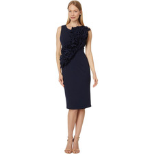 Betsy  Adam Sheath Dress Women's 6 Navy Stretch Scuba Crepe Ruffle Flower NLW23