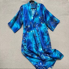 Vtg Satin Robe Womens S Blue Geometric California Dynasty Flower No Belt 