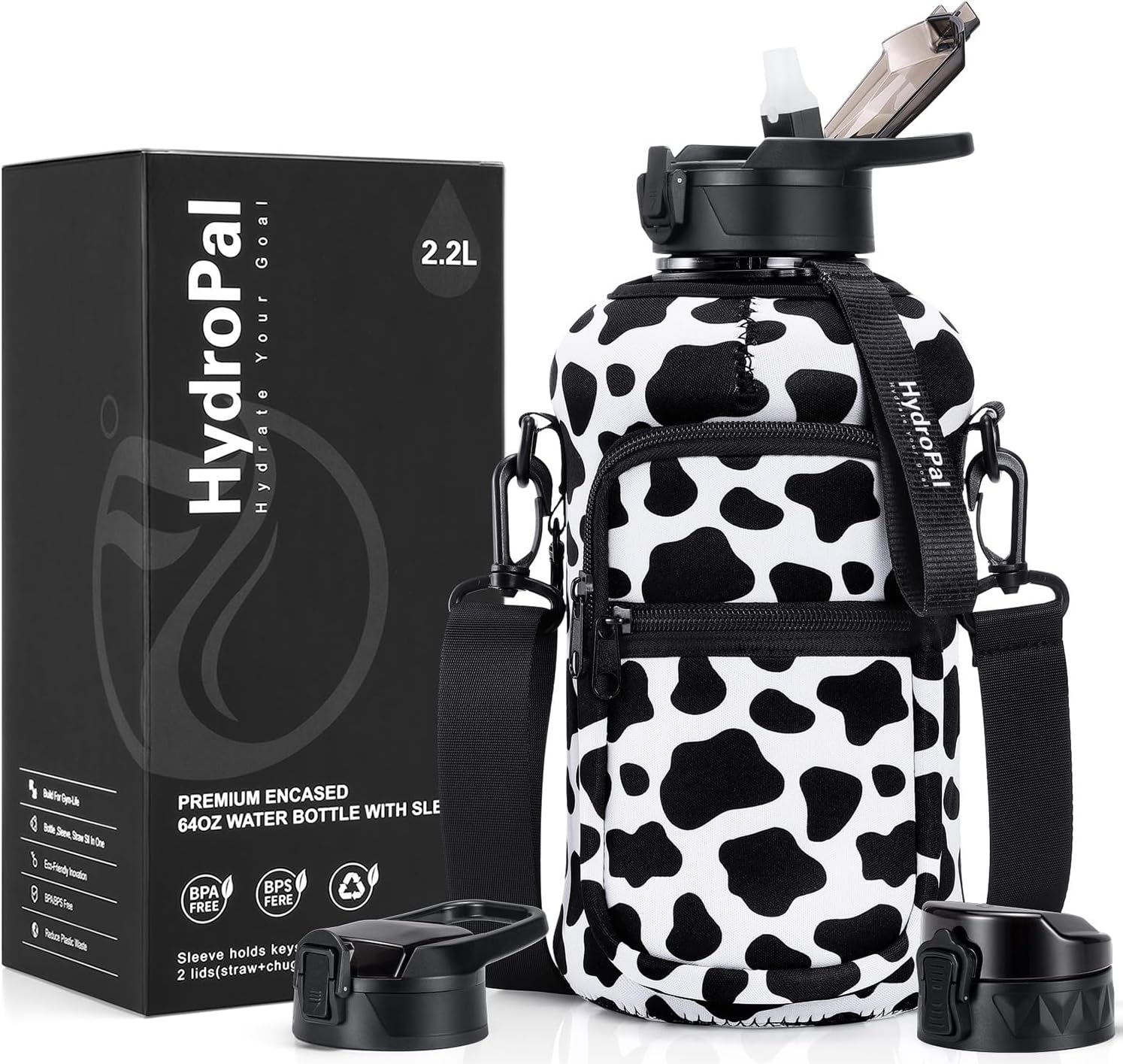 Half Gallon Water Bottle with Storage Sleeve, 74Oz Large Water Bottle with 2 Lid