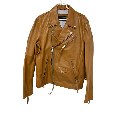 DSQUARED2 Asymmetrical Zip Biker Leather Jacket Mens Size 56 Brown Leath G2U