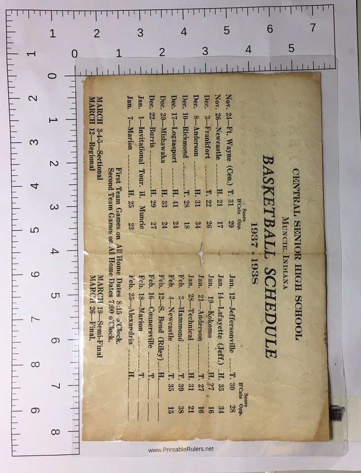 1938 Muncie Central Bearcats Basketball Program Vs South Bend High