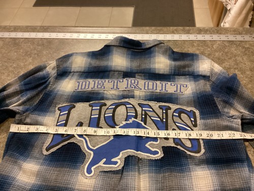 Detroit Lions Upcycled Flannel Shirt Size Man’s Medium Patches Hand Stitched - Picture 17 of 21