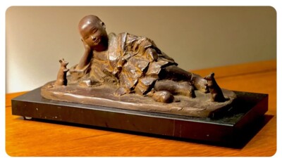 Japanese Jizai Okimono Cast Iron Figurine Reclining Boy w/ Field Mice, Signed