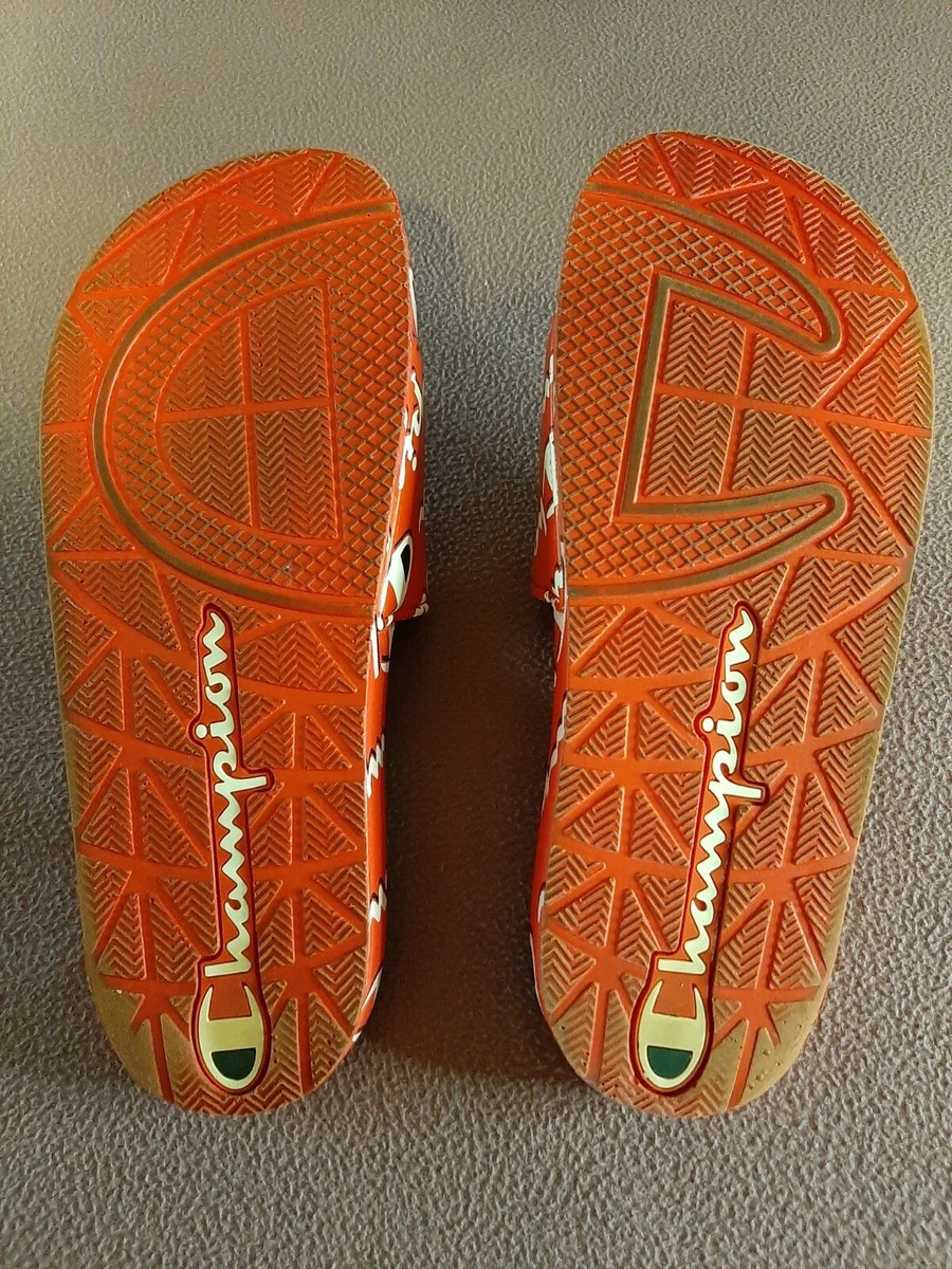 Champion Mega Script, men's slides sandals, black repeat logo, sz 8M View 6