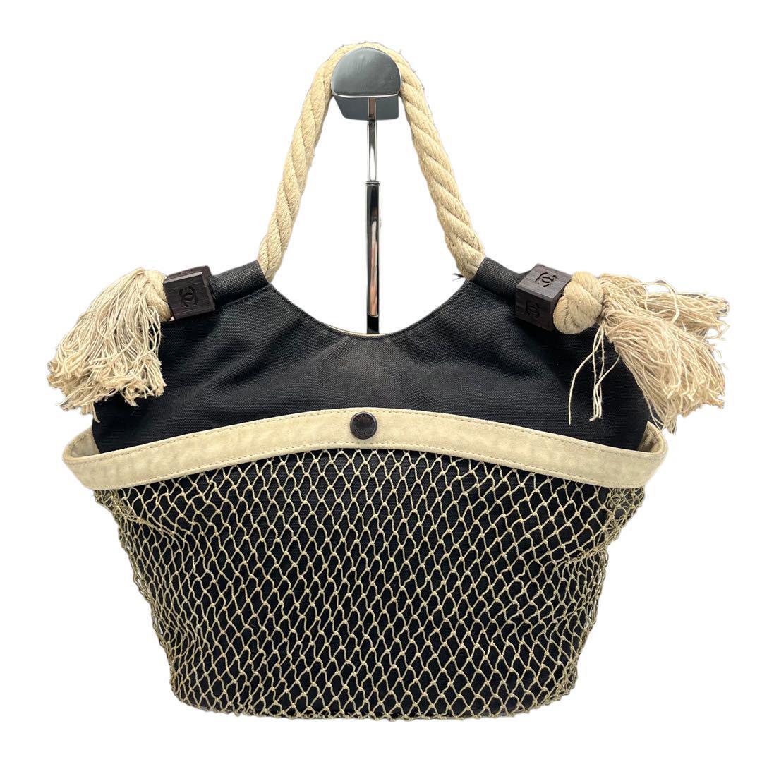 Chanel Fishnet Rope Coco Mark Canvas Leather Wood Black Tote