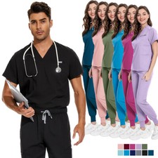 Stretch Nursing Medical Scrub Uniform Set Men Women V-Neck Jogger Workware Suit