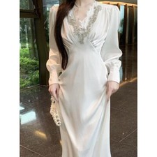 Hot Women Retro Elegant Pleated Satin Long Full Dress Cocktail Party Prom Ball
