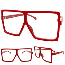 OVERSIZED EXAGGERATED Modern RETRO SHIELD Clear Lens EYE GLASSES Large Red Frame