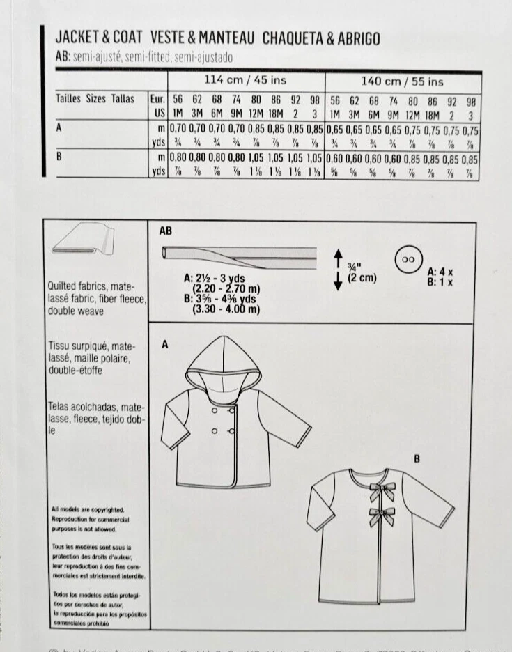 Burda Kids Pattern 9270 Babies/Toddlers Jackets Hoodie Coat Size 1M - 3 Years - Image 3 of 3