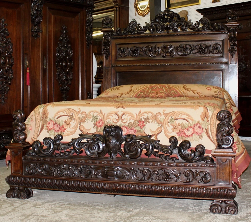 Antique Carved Italian Walnut 1800's Five Piece Queen Bed Bedroom Set - Image 3 of 4