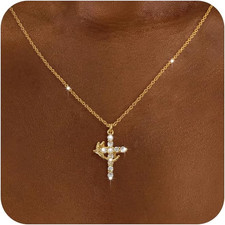 Diamond Cross Necklace for Women-Dainty 14K Gold Cubic Zirconia Pendant Necklace