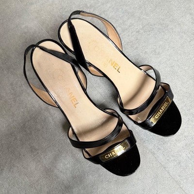 Vintage Chanel Gold Bar Lackleder Slingback Absatz Sandalen Größe 37
