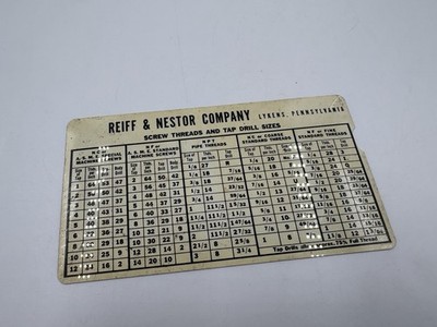 REIFF & NESTOR Lykens PA SCREW THREADS AND TAP DRILL Sizes Plastic Card