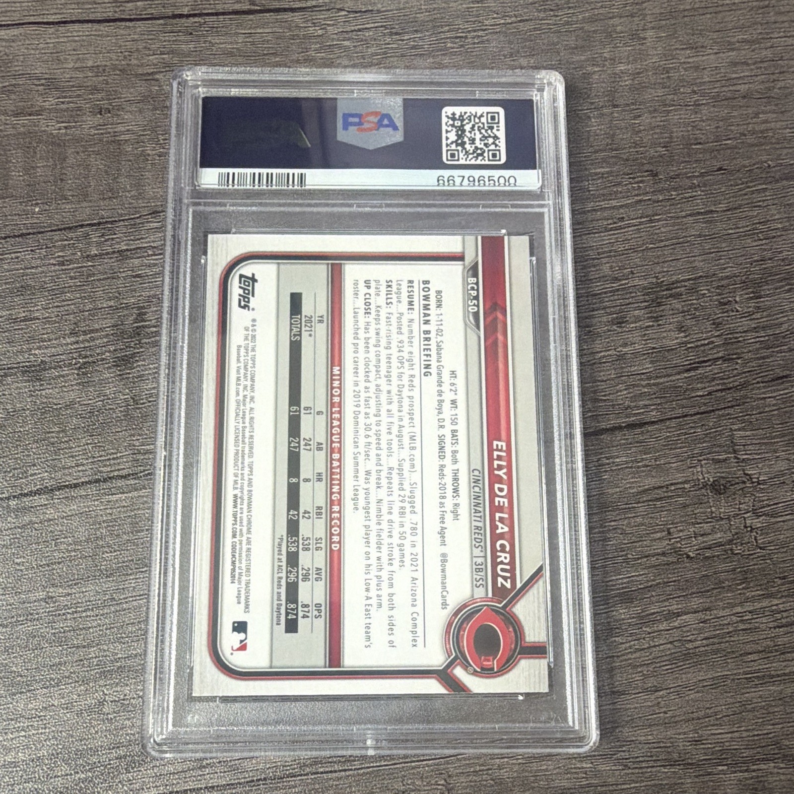 Topps 2022 Bowman Chrome Prospects Mojo Elly De La Cruz BCP-50 PSA 10 view 2