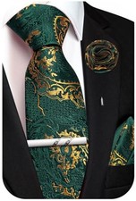 Unique Paisley Ties for Men Silk Neck Tie and Pocket Square Set with Green Gold