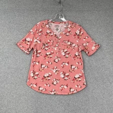 Croft & Barrow Top Womens PM Pink Floral Short Sleeve 1/4 Button Knit Pullover