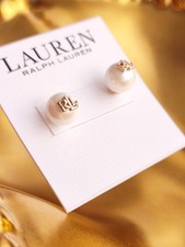 🎄💛 Christmas Deal✨Lauren Ralph Lauren 🦪 Pearl Like LRL Logo Stud Earrings ✨BN