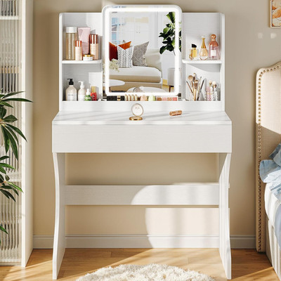 Small Vanity Desk with Mirror and Lights, Makeup Vanity with Storage Drawer, 2 S