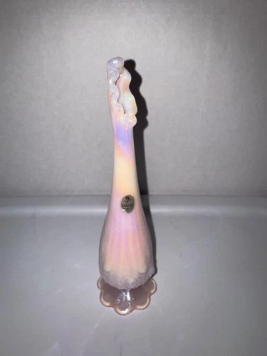 Vintage FENTON Pink Pearl Opalescent Swung Vase Iridescent Cabbage Rose 9.5” MCM