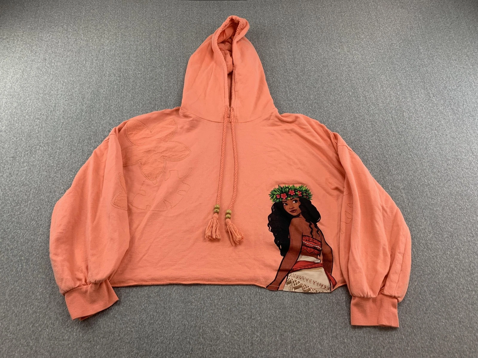 Disney Moana Hoodie Sweatshirt Womens Medium Orange Cropped Graphic Tassel