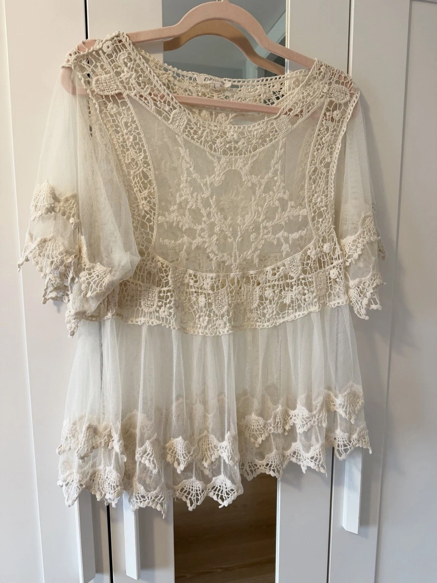 Blouse Bohème Aerie Manches Crochet - Col Y - Taille XL - Coton Blanc Crème - Neuf