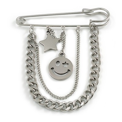 Polierte silberfarbene Sicherheitsnadel Brosche mit Kette Stern lächelndes Gesicht Charms -