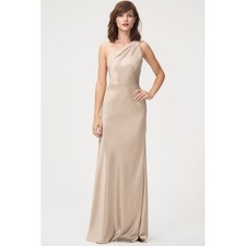 Jenny Yoo Collection Lena One Shoulder Satin Formal Gown Pale Gold Size 8