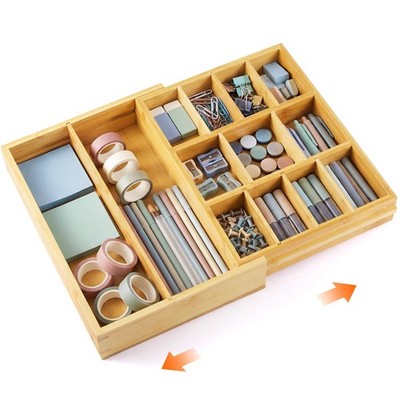 Bamboo Sliding Desk Drawer Organizer 9'' up to 17.9'' x 12'' x 2.2'' Expandab...