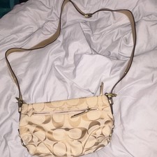 Coach Beige Logo Shoulder Bag Gold Hardware Pink Lining Adjustable Strap