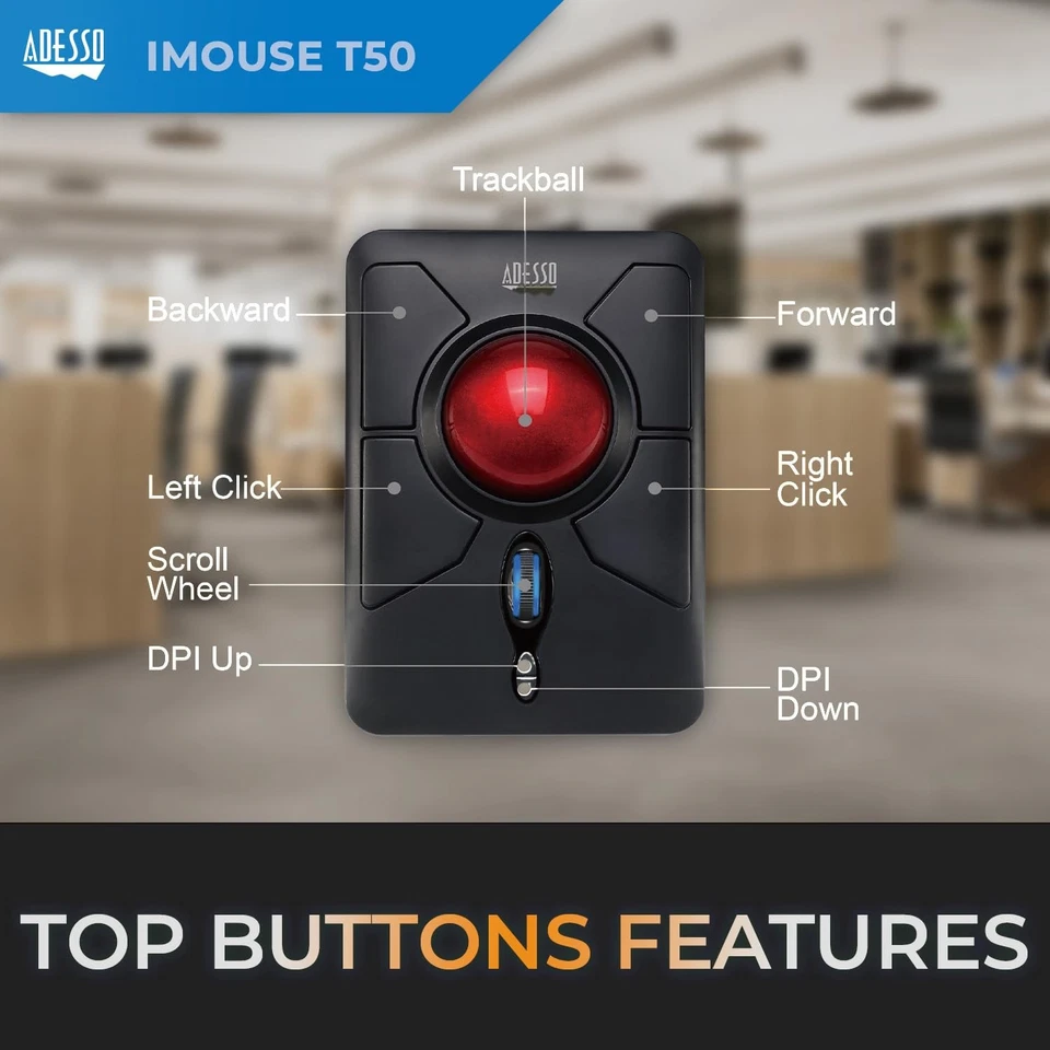ADESSO iMouse T50 Wireless Ergonomic Finger Trackball Mouse with Nano USB Receiv - Image 3 of 4