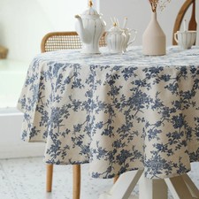 Pastoral round Tablecloth - 60 Inch Dia. - Beige Linen Table Cloth - Washable Ta