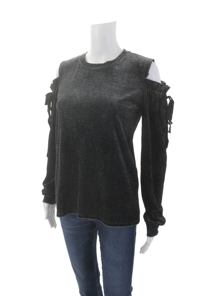 Top tejido manga larga gris con volantes con textura cuello redondo Drew para mujer talla XS Foto 2 de 4