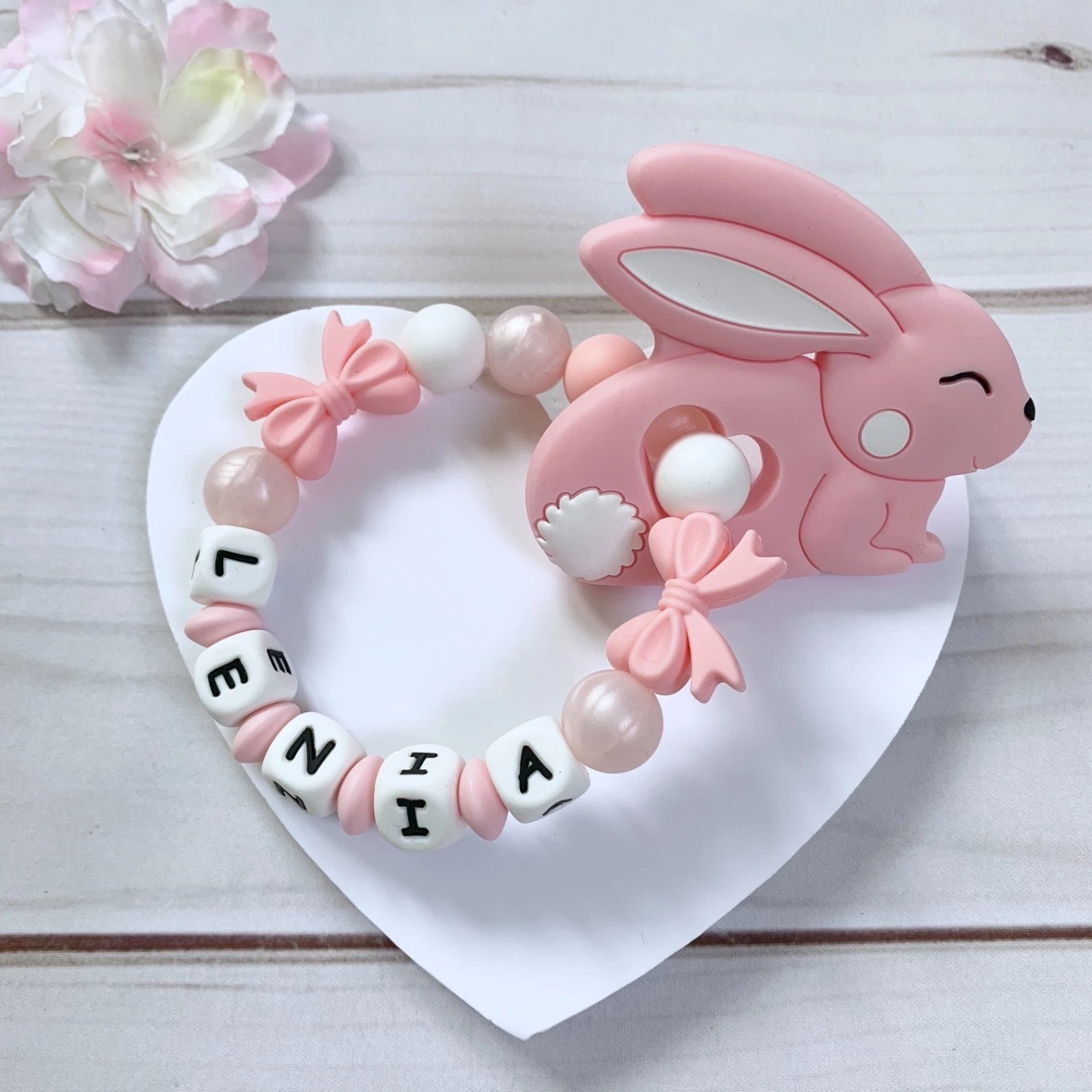 Teething Ring Gripping Grasping Toy with Name Silicone Pink White Rabbit Girls