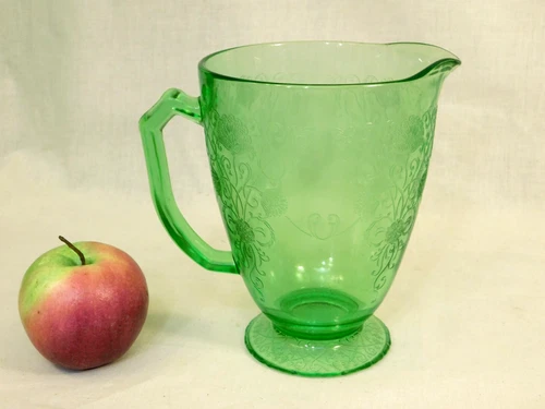 Stunning 30's Etched Green Depression Uranium Glass Pitcher EUC Glows