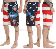 NEW Marvel Captain America Stars Stripes Mens Board Shorts Swim Trunks Small NWT