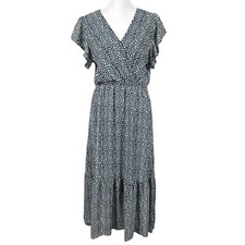 BTFBM S Blue Leopard Print Tier Chiffon Lined Wrap V-Neck Flutter Slv Midi Dress