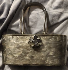 Vtg Rare Lucite Wilardy Gray Oval Box Purse Handbag Marbled Mirror Flower Gems
