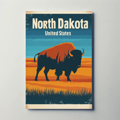 North Dakota Vintage Poster - Bison on the Prairie