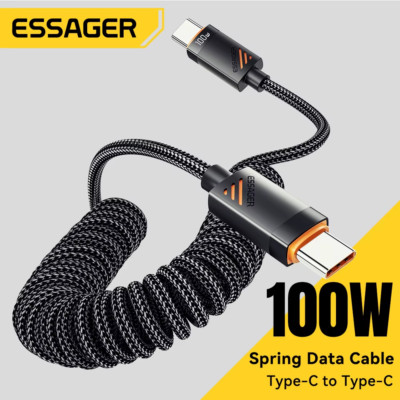 100W USB-C to USB-C Car Charger Cable Coiled Spring Fast Charging PD Type-C