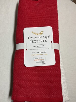 THYME & SAGE KITCHEN TEXTURES  KITCHEN TEA TOWELS (4) RED DOT WHITE STRIPES NWT