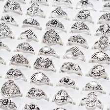 Wholesale 50pc Mix Flower Design Vintage Rings Women Silver Plated Metal Jewelry