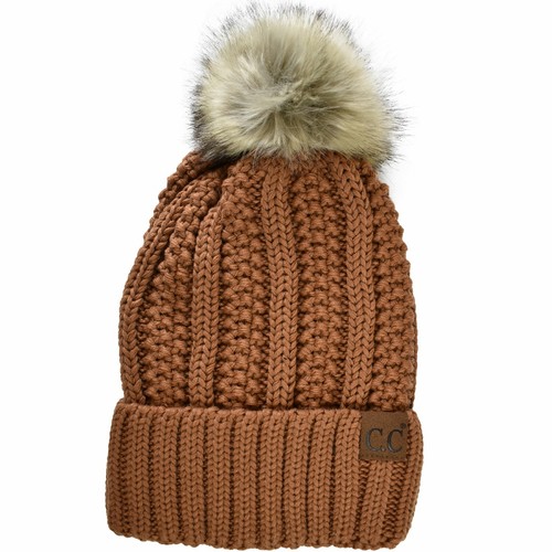 C.C Beanie Pastel Thick Cable Knit Faux Fuzzy Fur Pom Fleece Lined Cuffed Cap - Picture 46 of 47