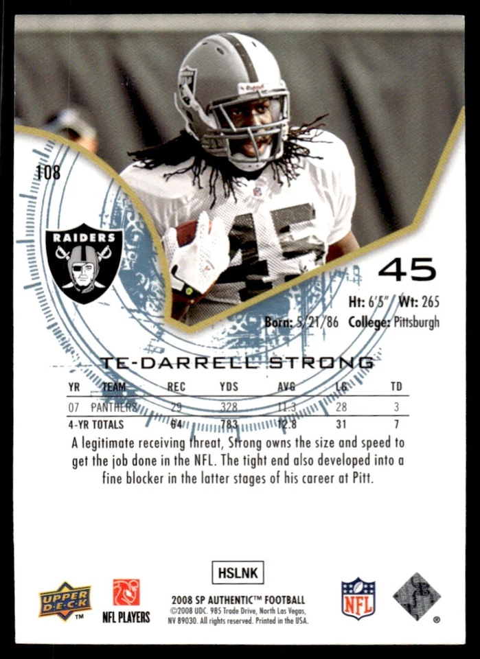 2008 SP Authentic Darrell Strong Rookie 0138/1399 Oakland Raiders #108 R88 - Image 2 of 2