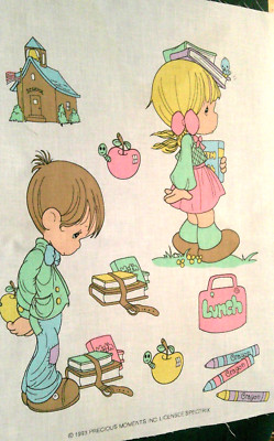 FABRIC Precious Moments ''Off to School'' 15'' x 17'' Vintage 1993 on White $3