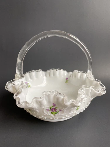 FENTON Milk Art Glass Basket Vase Raffled Hand Painted Violets SIGNED