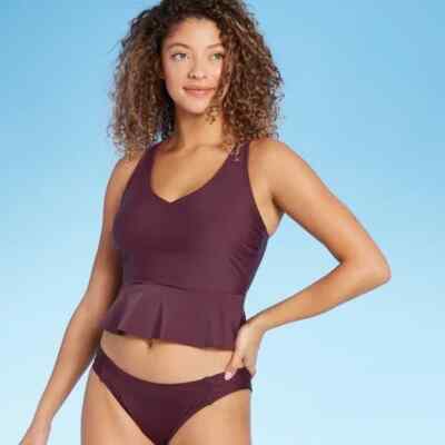 NWT Kona Sol Women's Peplum Scoop Neck Cropped Tankini Top, Burgundy, XS (0-2)