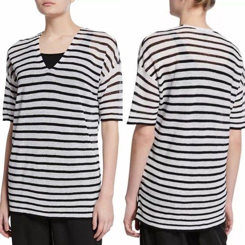 Eileen Fisher Organic Linen Crepe Striped V Neck Tee, Black White - Size S
