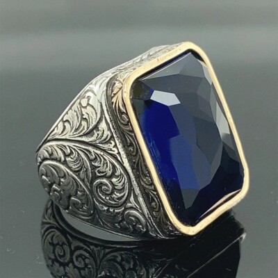 Ring Big Sapphire Sterling Silver 925 Mens Statement Ring Heavy Mens Jewelry