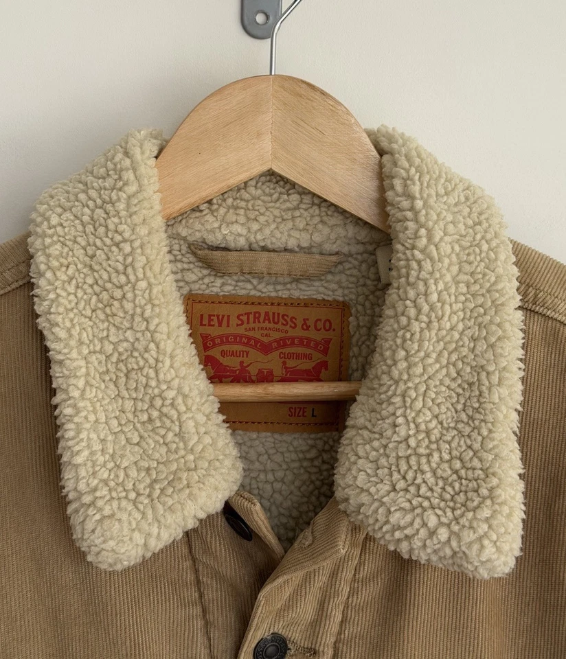 Levi's Sherpa Trucker Jacket Beige Corduroy Sherpa Lined Mens L, photo 3 of 5
