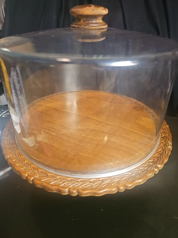 Vintage MCM Wooden Acrylic Cake Pedestal Dome Lightweight - Image 2 of 4